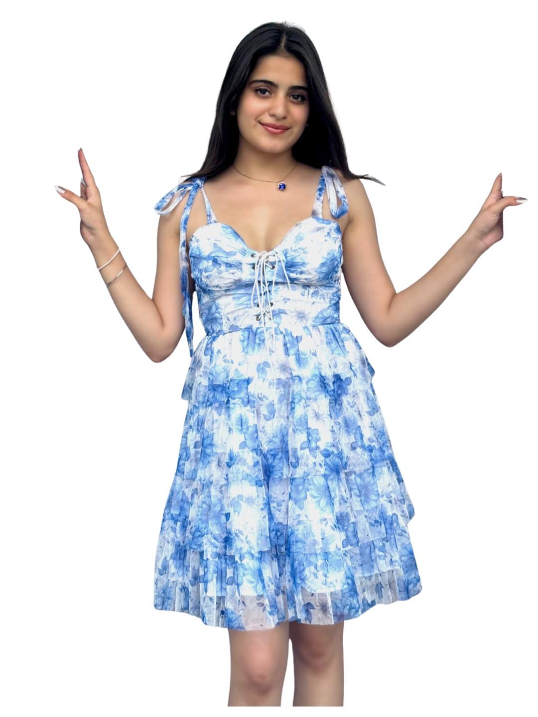 Women's Fit and Flare Multicolor Net Dress Shoulder Straps Dress for Womens Soft & Breathable & Comfortable Outfits for Office, Casual, Festive & Party (11615)-image-49