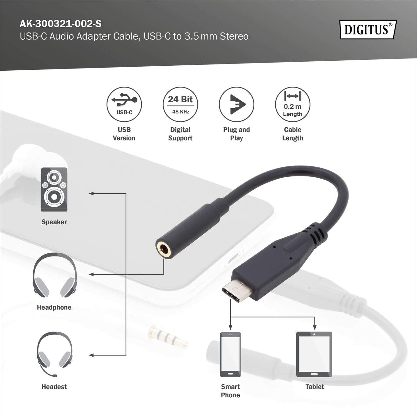 Digitus USB Type-C Audio Adapter Cable, Type-C - 3.5mm M/F, 0.2m, Audio Input/Output, Version 3.1, CE, bl