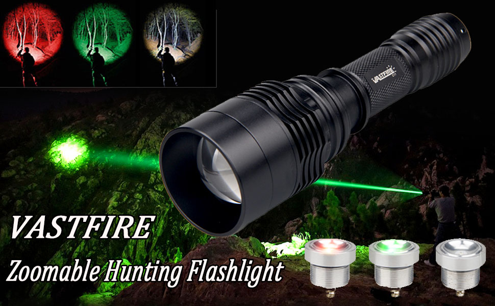 VASTFIRE 4-in-1 Hunting Flashlight – Red, Blue, Green, White LED, Zoomable, 500 Lumens
