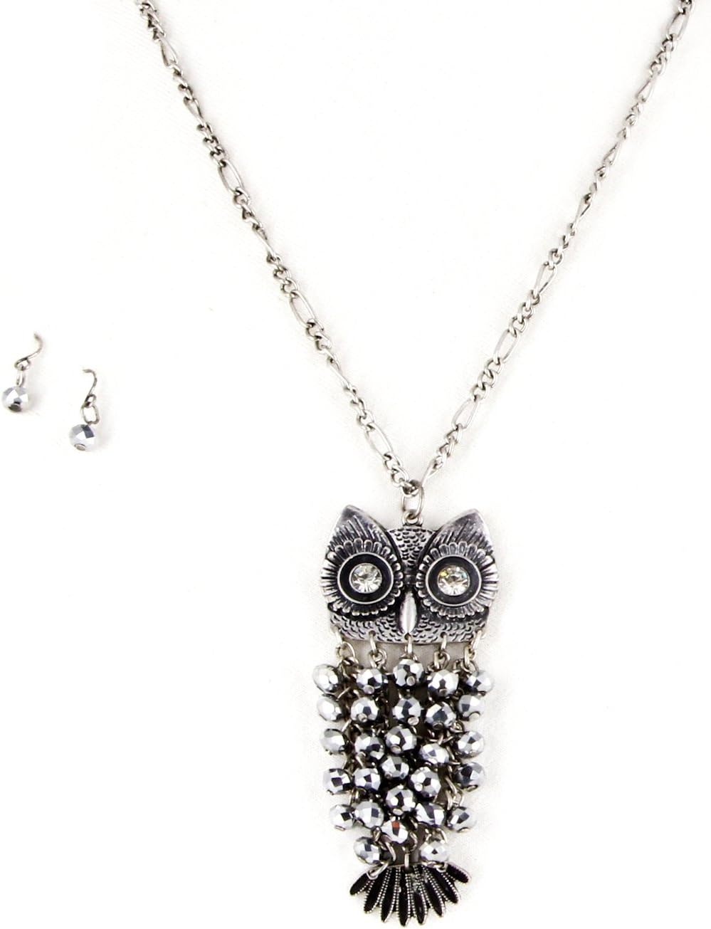 INPINK Fashion Jewelry Silver-tone Bead And Rhinestone Owl Pendant Necklace Set