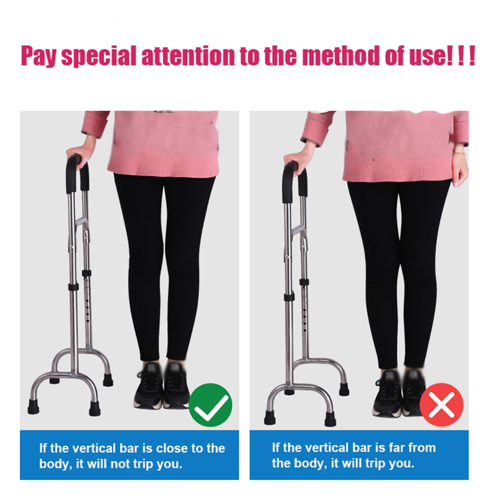 Rama spacerowa Quad Cane regulowany kij czworonogów z szeroką podstawą z czterema nogami stabilne lekkie laski ze stali nierdzewnej stojący pomoc w poruszaniu się