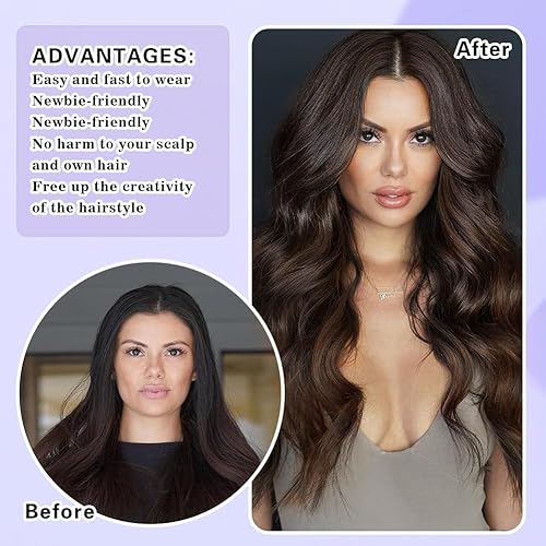 Miniatura 5 de MIBOLT Extensiones de cabello humano real con clip, color marrón oscuro y rubio, 8 piezas, extensiones de cabello real con clip, doble trama, hechas