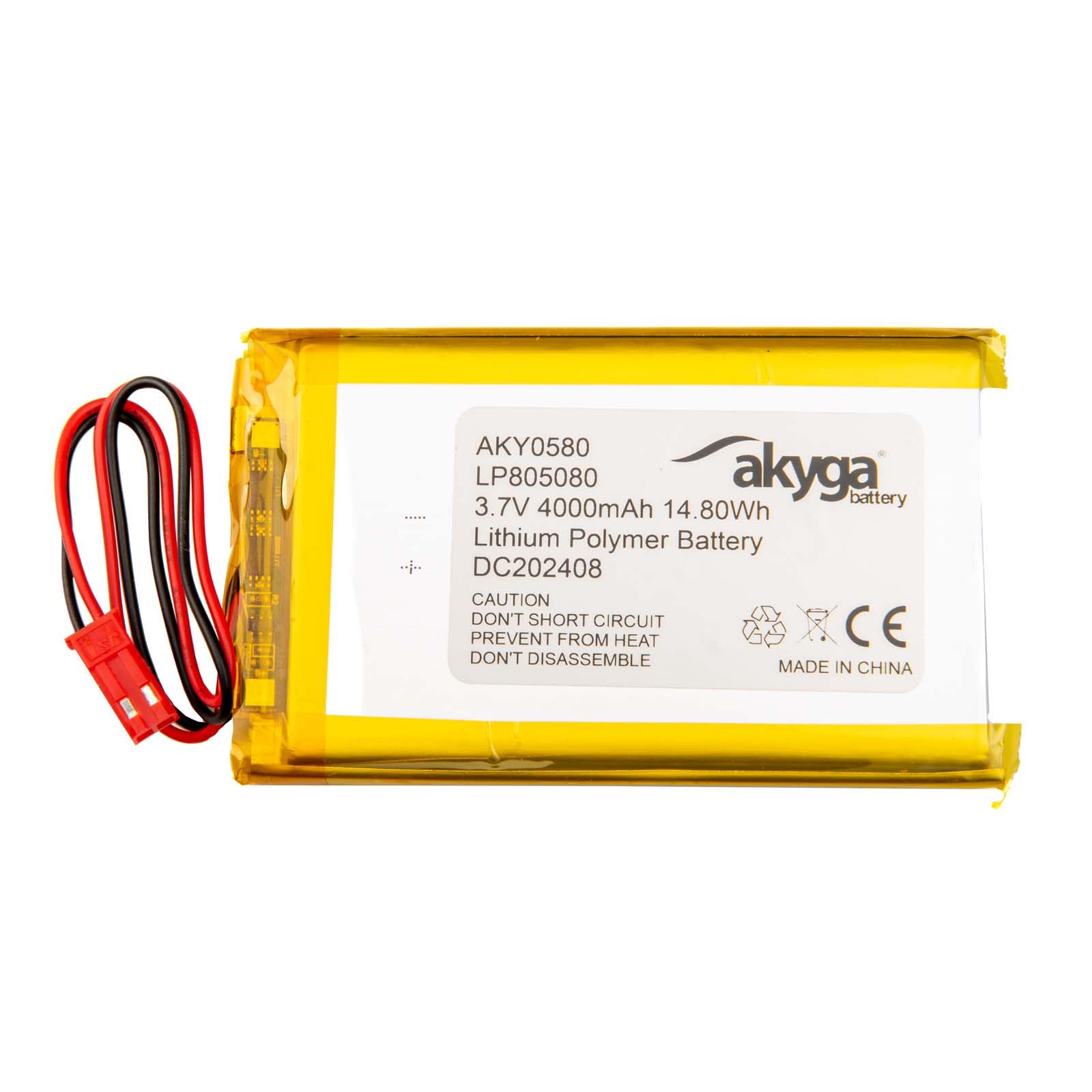 3.7 V 4000 mAh Battery LP805080 Lithium Polymer AKYGA AKY0580 Li-Po Battery PCM JST 2-Pin Connection 2.54 15 cm