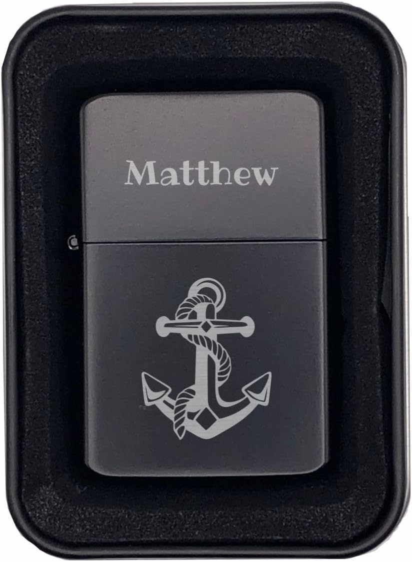Personalized Nautical Anchor Custom Text Engraved Brass Lighter with Case, Boating Gifts, Birthday, Groomsmen