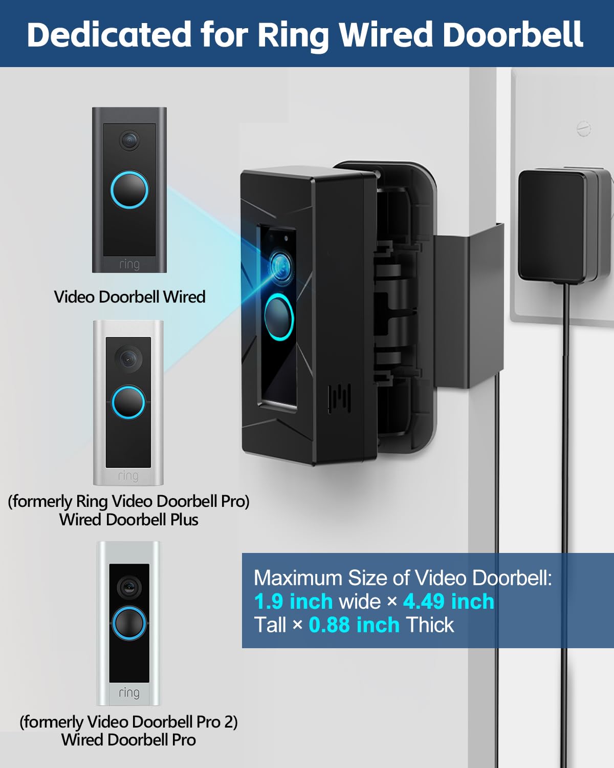 Wired Ring Doorbell Mount, No Drill Anti-Theft Camera Mount with Angle Mount and Power Cord, Compatible with Ring Wired, Adjustable Angle 0°-70° (Doorbell Not Included, Not Compatible with Blink/Eufy)