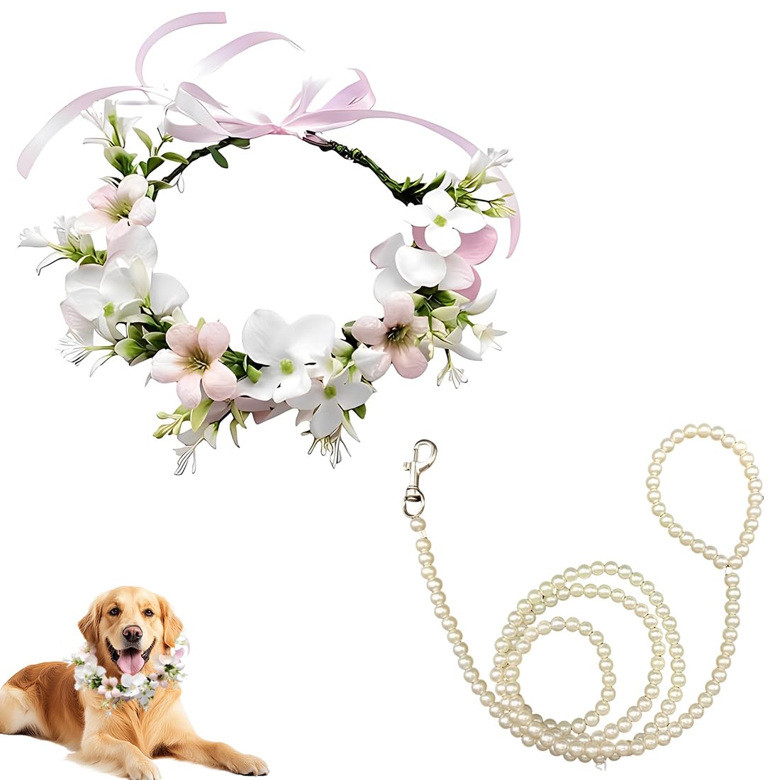Collare Fiori Matrimoni per Cani Bianco Cucciolo Femmina Accessori Floreali Guinzaglio Perle Perline Taglia Media