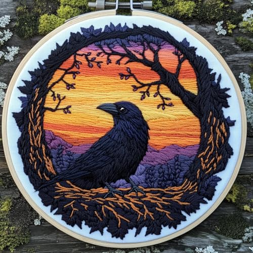 DIY Punch Needle Kits for Beginners Raven Under Sunset with Hoop Embroidery Punch Needle Starter Set Easy for Adults and Kids Festival Gift and Decor 20x20cm-2
