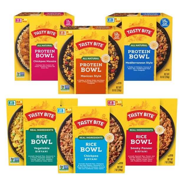 Image of Tasty Bite Bowls Variety, Pack of 6, Mexican Protein, Mediterranean Protein, Indian Protein, Chickpea Biryani, Smoky Paneer Biryani, Vegetable Biryani