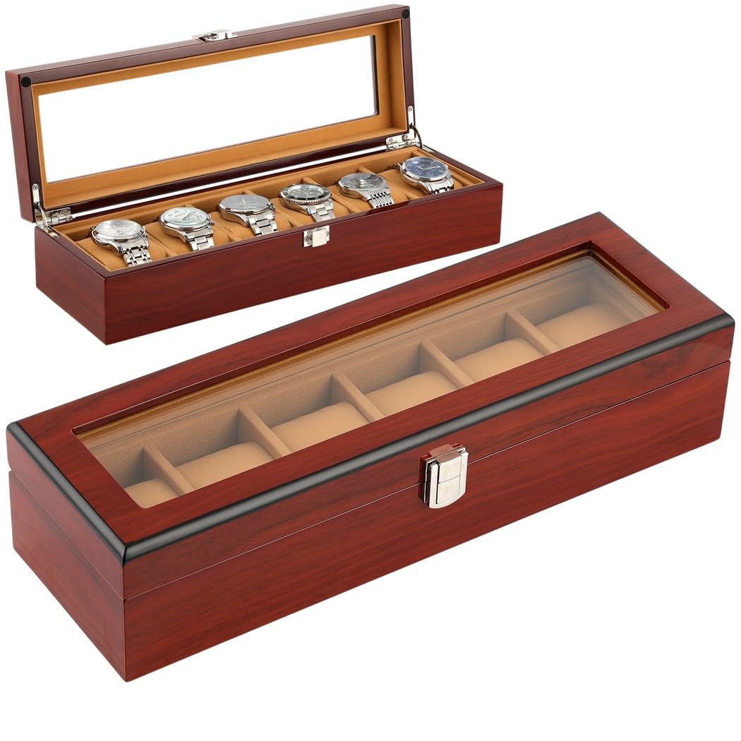 Caja de reloj de madera, organizador de relojes de 6 ranuras para hombre con parte superior de cristal, vitrina de madera lacada brillante, caja de regalo elegante para hombres, regalo del día