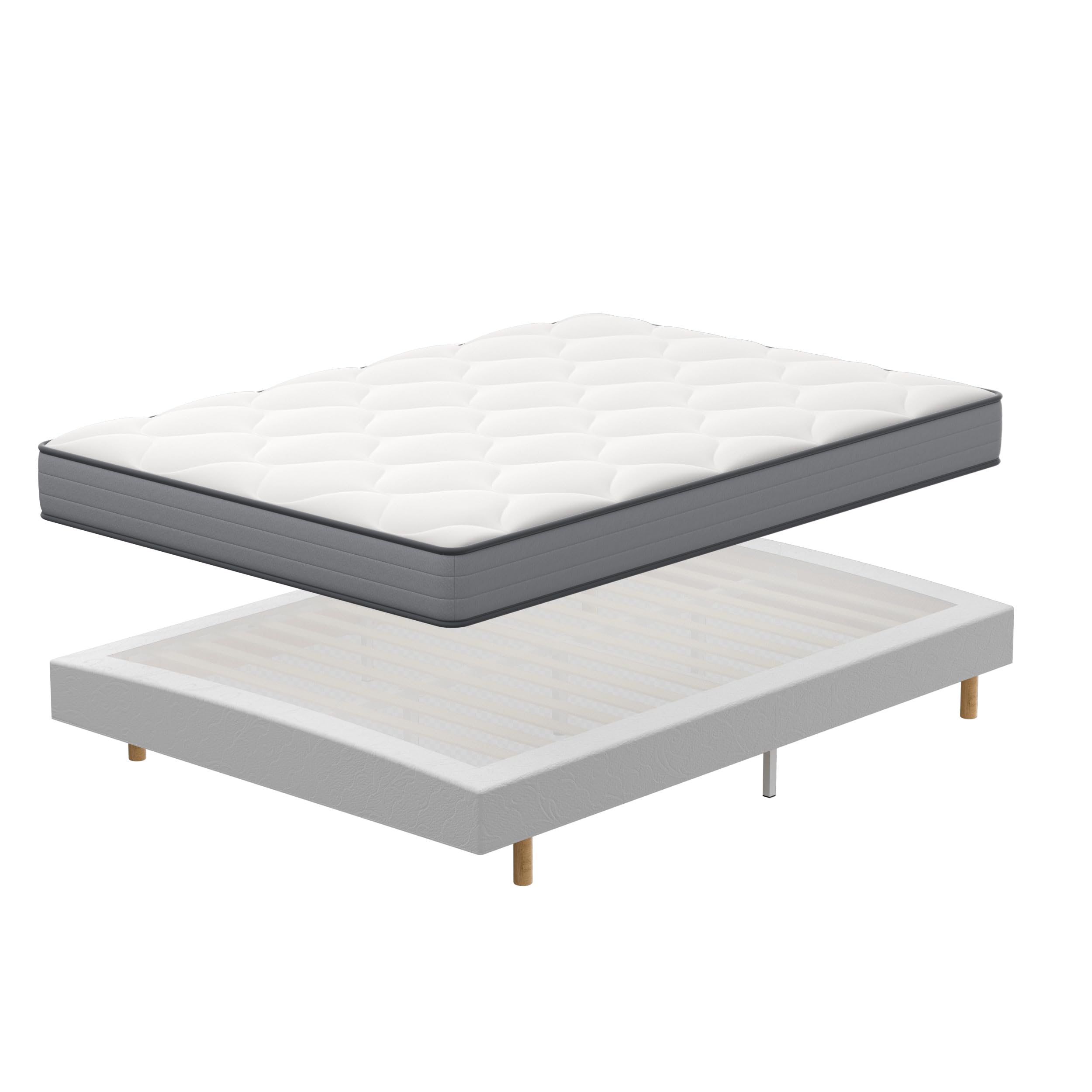 DEWINNER Matelas Ressorts ensachés et sommier 160x200 Ensemble | Matelas à mémoire de Forme et Ressorts+Sommiers à Lattes avec 9 Pieds pour Adulte | 2x14 Lattes (160x200x20 cm)
