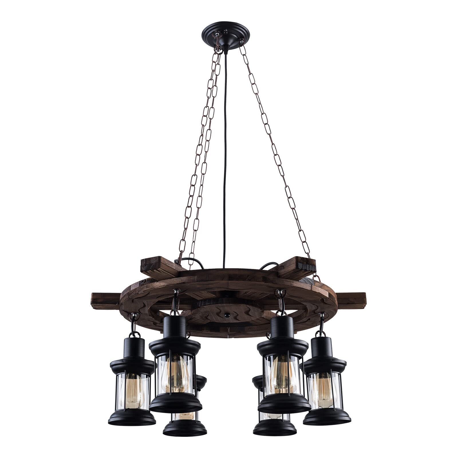 6-Light Industrial Wooden Chandelier with Glass Shade Ship