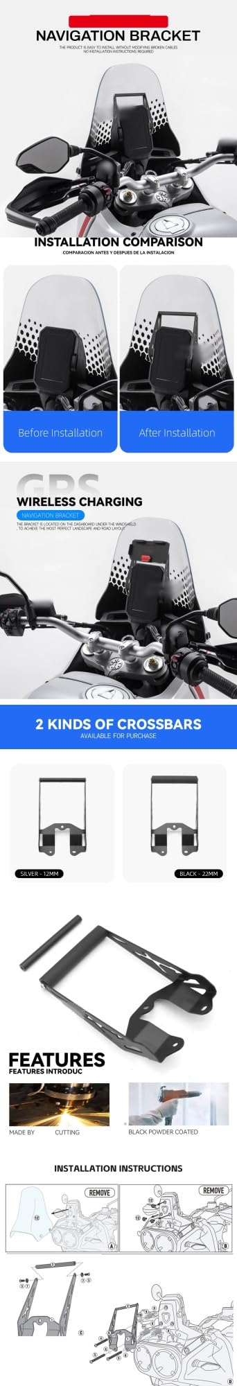 12 mm 22 mm motocyklowa bezprzewodowa ładowarka USB uchwyt na telefon GPS uchwyt nawigacyjny uchwyt do Ducati Desert X DesertX 937 2022 2023 nawigacja (kolor: 22 mm - zestaw)