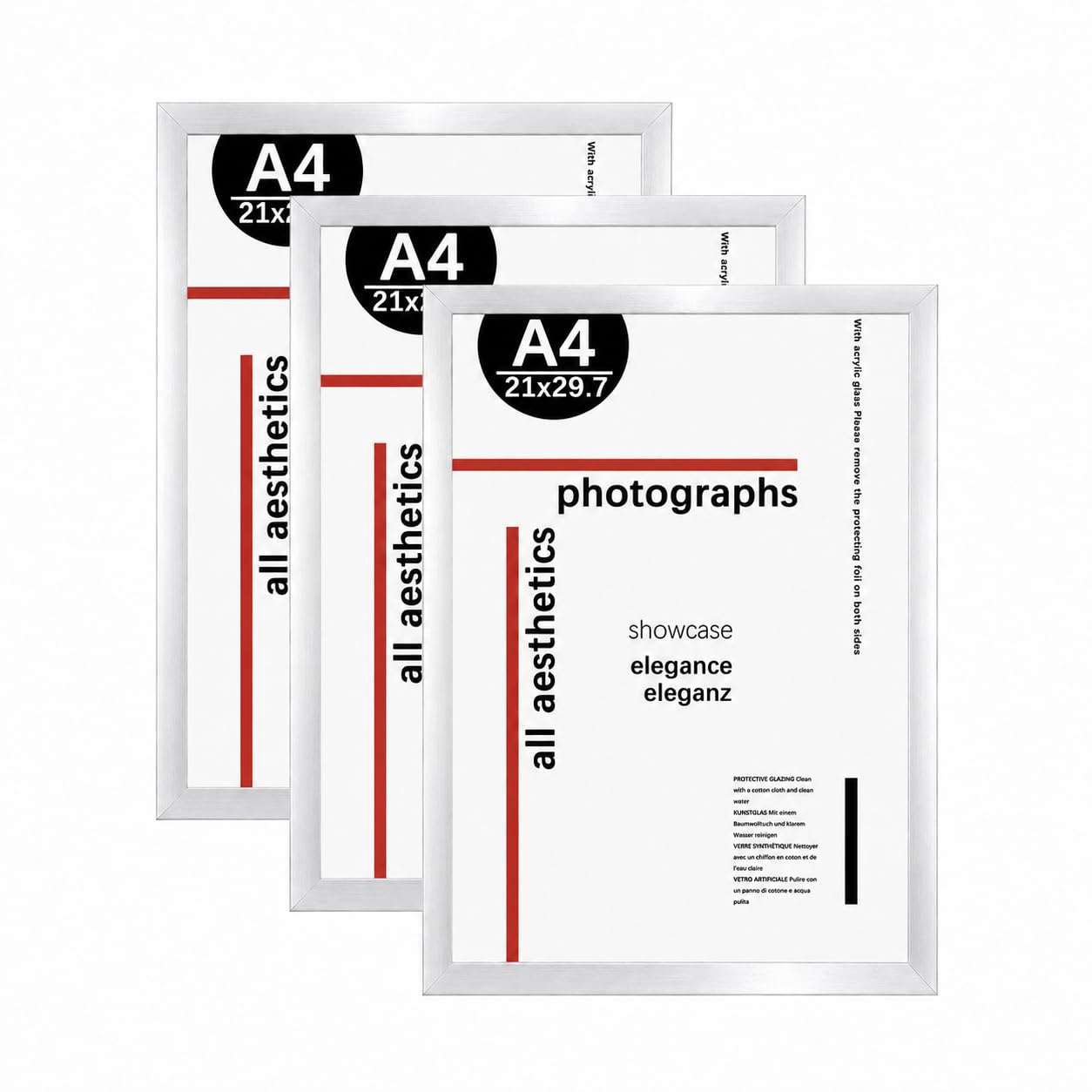 KAIWIN A4 Picture Frame Set of 3, A4 Silver Picture Frames 21x29,7 cm, Photo Frame with Acrylic Glass for Stand Tabletop or Wall Hanging