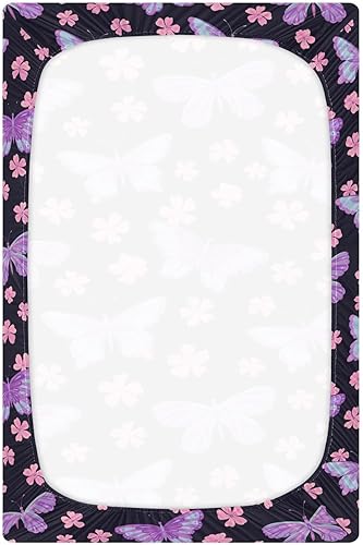 Miniatura 3 de Sábanas bajeras ajustables para cuna, diseño floral, mariposas moradas, portátiles, para bebé y niño, colchón suave y transpirable para cuna de 39 x
