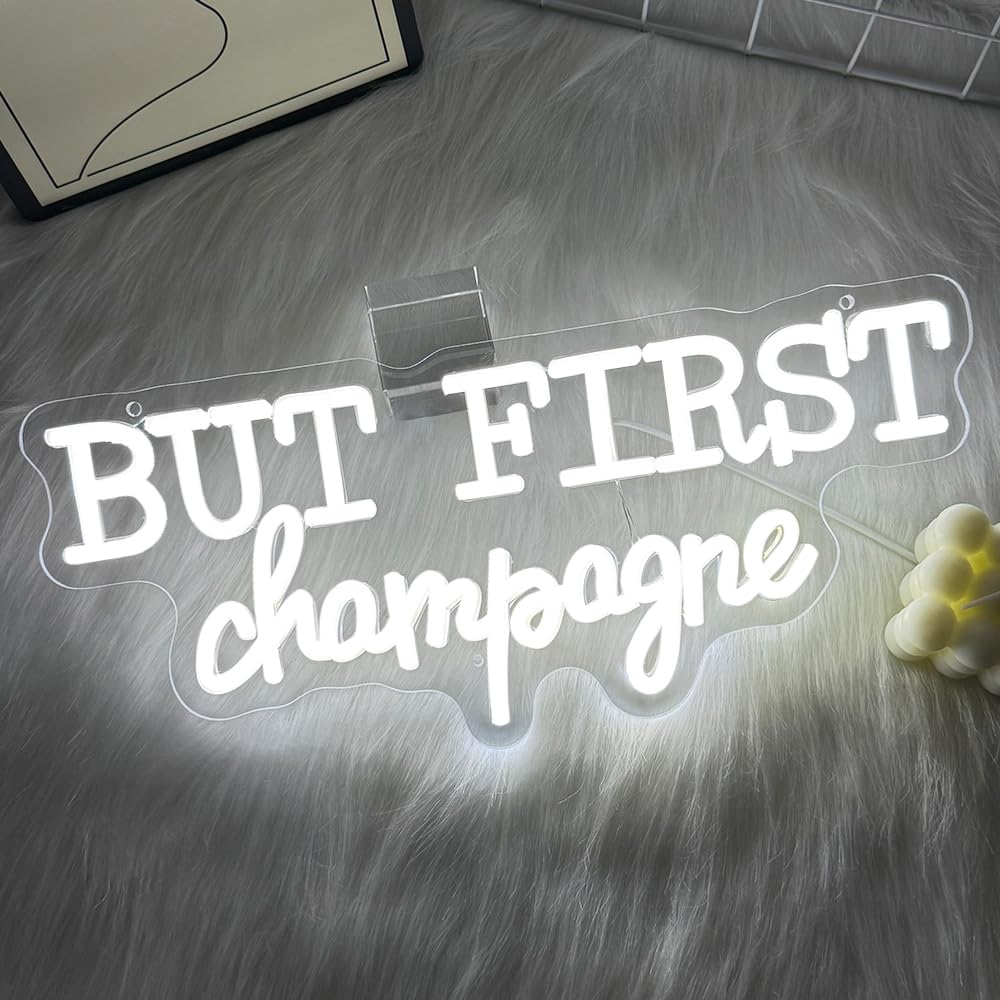 But First Champagne LED Neon Sign-Champagne Cheers Neon Signs for Wall Decor,Adjustable Bright Champagne Light Up Sign for Home Bar,Party, Man Cave, Pub,Birthdays,Graduations,Christmas Gifts