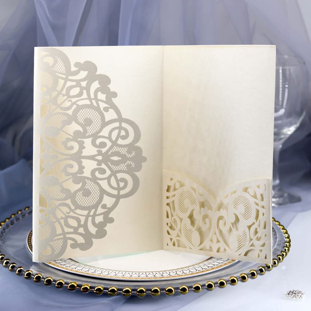 Delikatna romantyczna karta z zaproszeniem na przy Koperty - 50 sztuk zaproszeń czystych - personalizowane zaproszenia papierowe na przyjęcie zaręczynowe lub eleganckie zaproszenia(Beige,Blank)