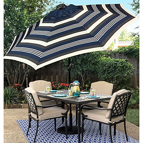 Sun-Ray 811006 9' Round 8-Rib Solar Lighted Patio Umbrella, 32 Led Lights, Push Button Tilt And Crank, Steel Frame, Navy Striped #TOP2