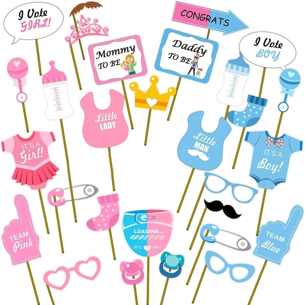 BrainGiggles 29PCS Baby Shower Photo Booth Props Kit - Photobooth Props Party Supplies | Selfie Props with Wooden Sticks and Adhesive Stickers For Gender Reveal Baby Shower Party (29)