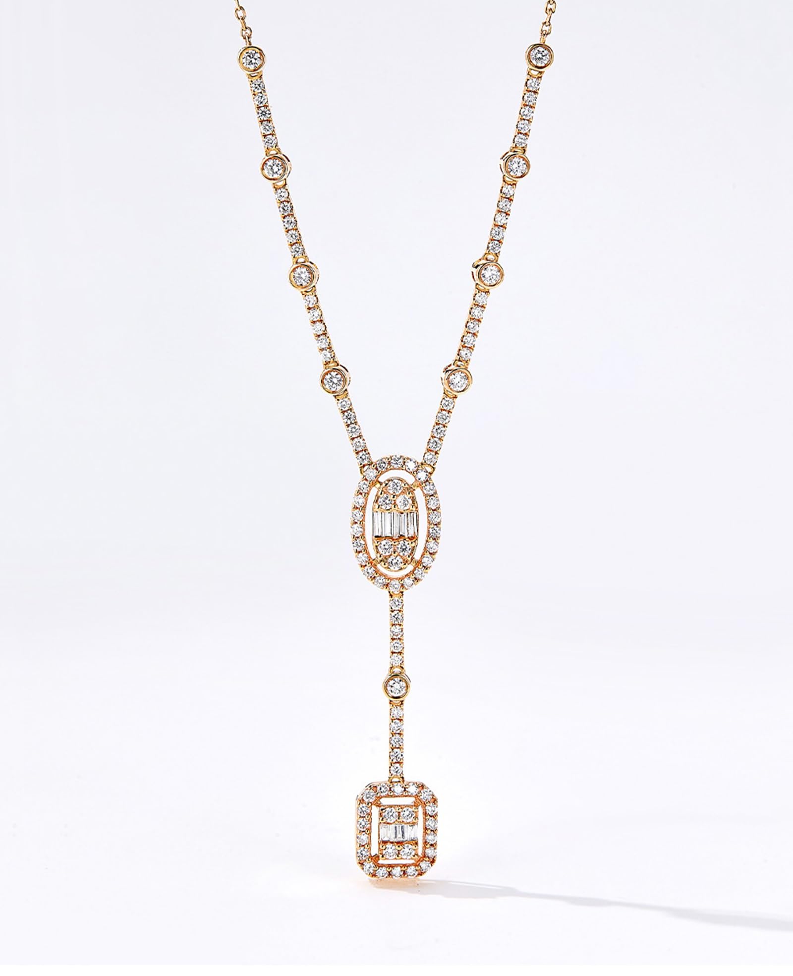 Collares de cadena de oro, collar en Y de oro rosa con diamantes, cadenas largas para mujer