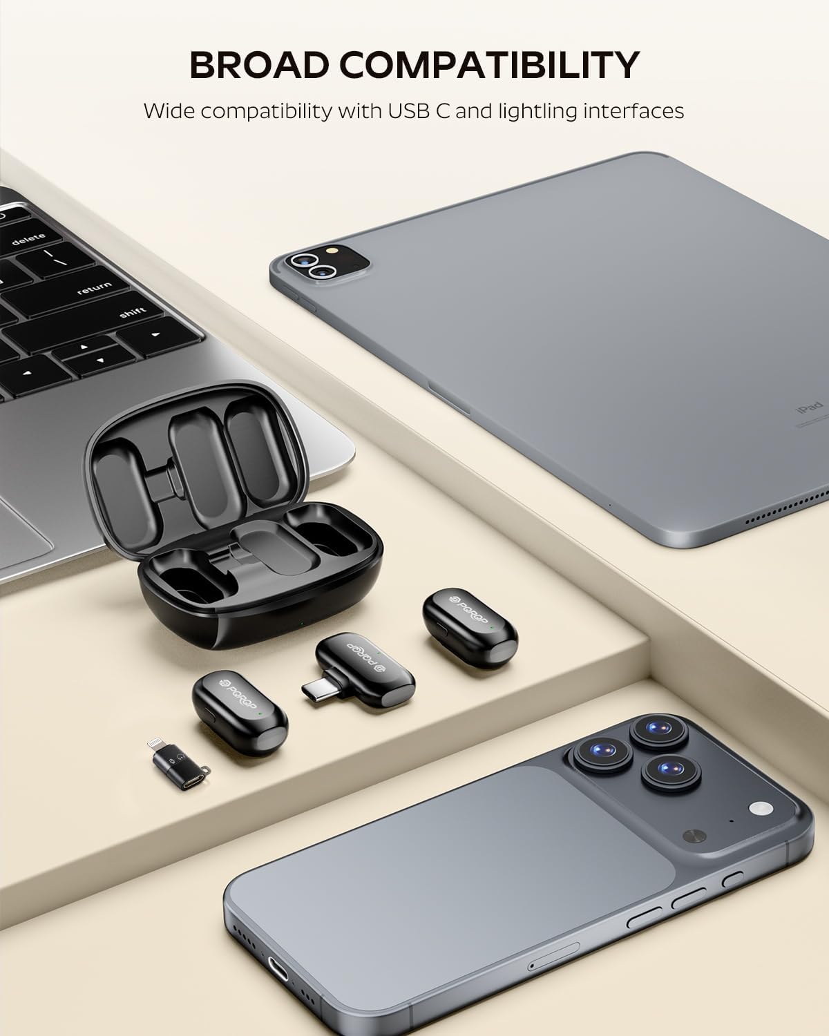 PQRQP Wireless Lavalier Microphone for iPhone/iPad/Android, 164ft Transmission, Mini Microphone with AI Noise Cancellation & Hi-Fi Sound, 24H Charging Case, Mic Ideal for Video Recording, Preamps