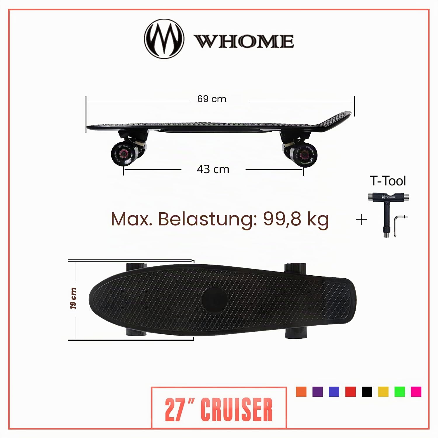 WHOME Skateboards – 27 Zoll Cruiser Skateboard Komplett für Erwachsene/Kinder Mädchen/Jungen Anfänger/Profi inkl. T-Tool