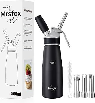 Mrsfox Professional Aluminum Whipped Cream Dispenser 500 mL Black