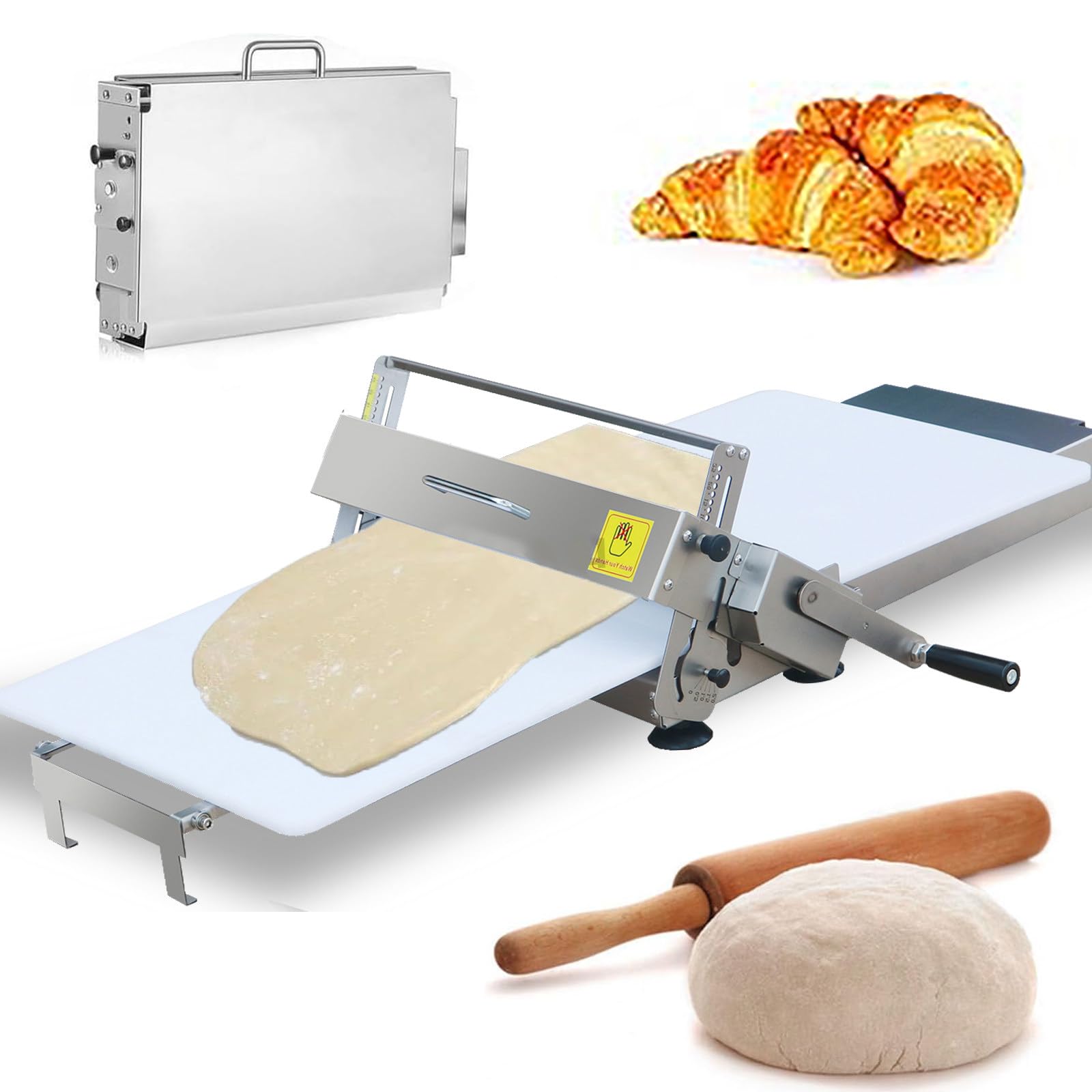 HTDRE Manual Dough Sheeter, Stainless Steel Compact Roller, Adjustable Thickness for Bakery Pastry and Croissant