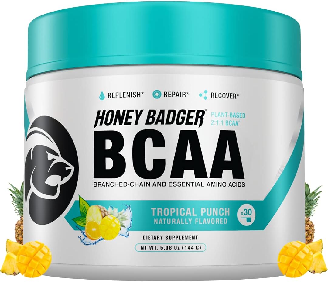 Honey BadgerBCAA + EAA Amino Acids Powder, BCAAs + L-Glutamine, Keto, Vegan, Sugar Free for Men & Women, Hydration & Post Workout Muscle Recovery Drink Mix, Tropical Punch, 30 Servings