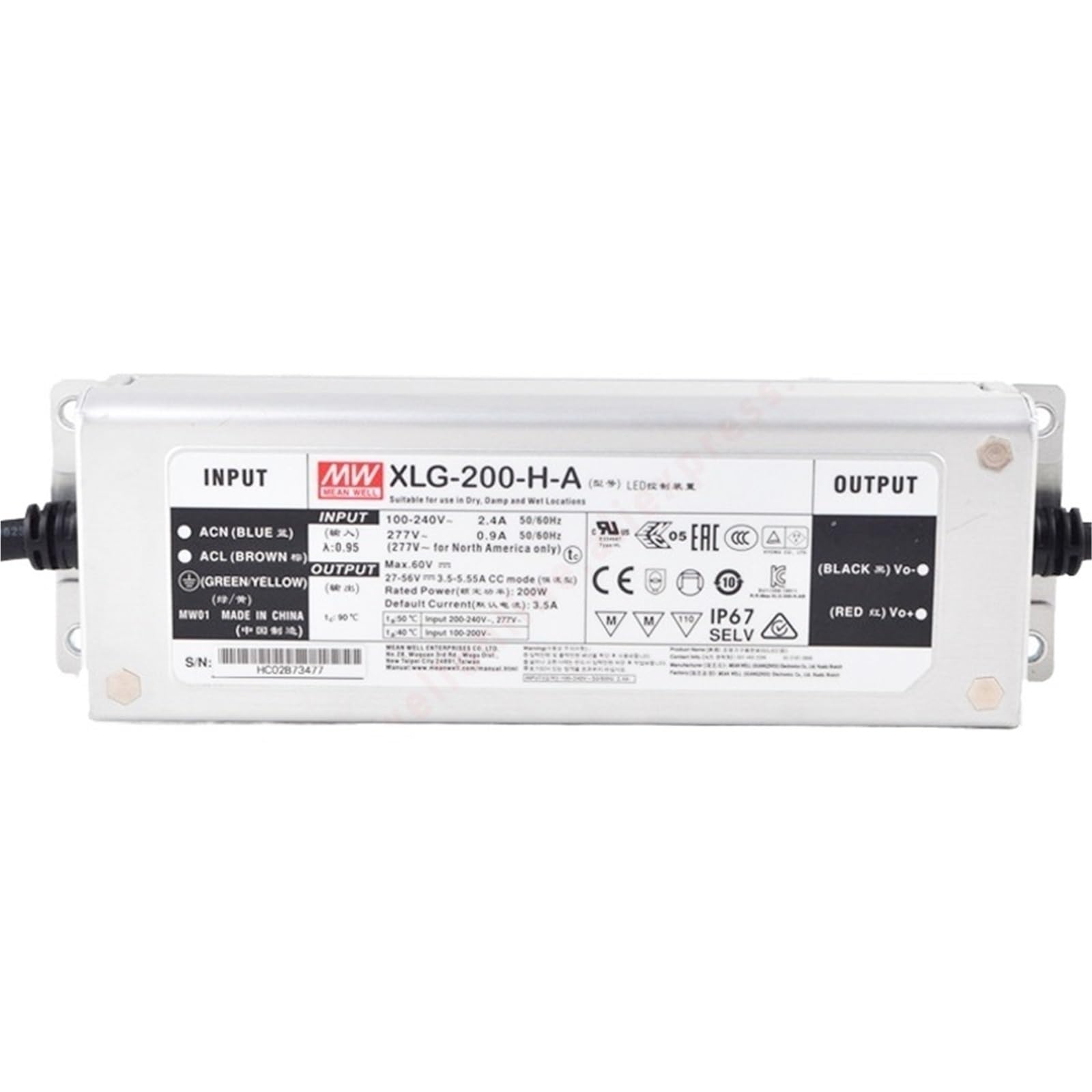 Fcarumiqp Xlg-200-H-A-200W Xlg-200-H-A Ip67 27-56V/3500-5550Ma/200W Constant Power Led Driver