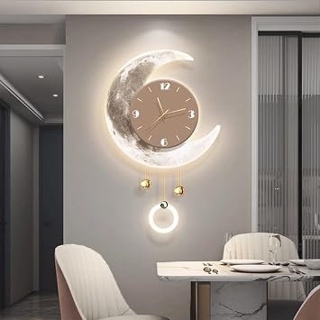 Moon-Shape Decorative Wall Clocks with LED Light, 3D Wall Decor Clock, Hanging Clock Wall Hanging Painting for Entryways, Living Rooms, HallwaysGray,26 * 16.5in