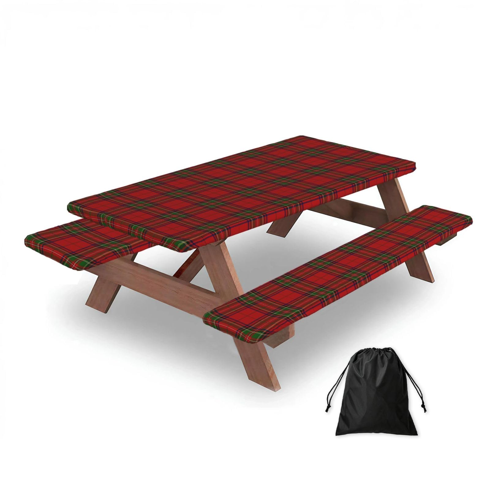 Dopklna As Picture Red Scottish Pattern, Picnic Table Cover With Bench Covers -Waterproof Elastic Fitted Tablecloth For Garden Camping Patio 76X152cm