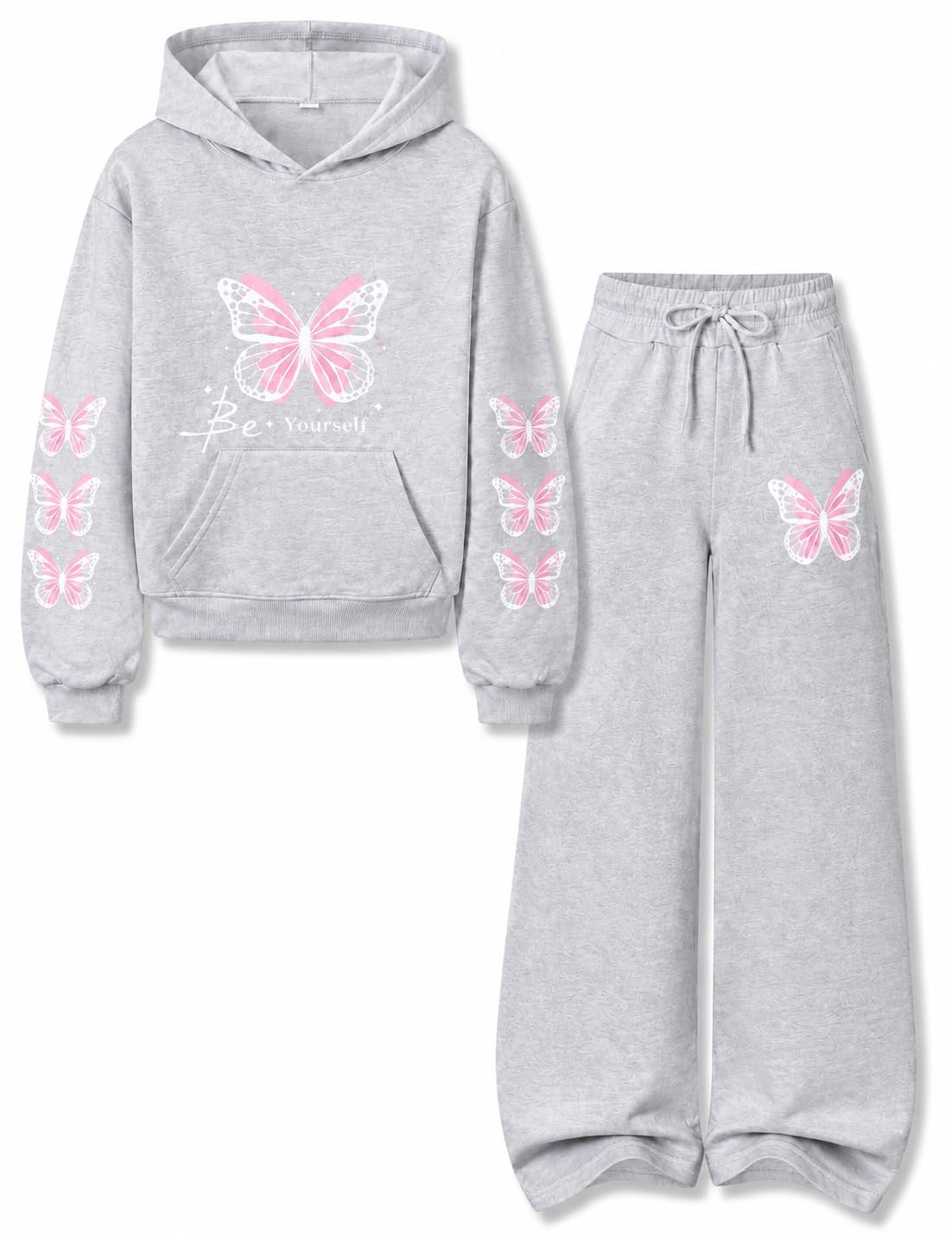 KIDLAGA Girls Clothes 2 Piece Cute Butterfly Print Hoodie & Wide Leg Pants Fall Winter Outfits for Teen Girls Size 7-14Y