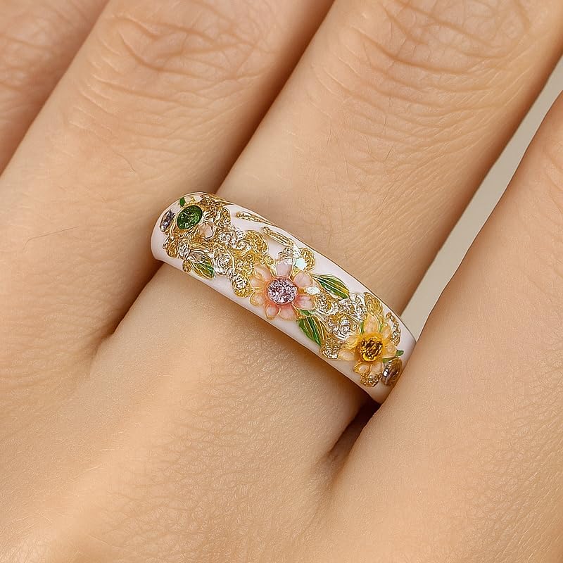 Anillo de esmalte floral vintage para mujer, colorido anillo de flores de mariposa de cristal, regalo de joyería bohemia en tono dorado