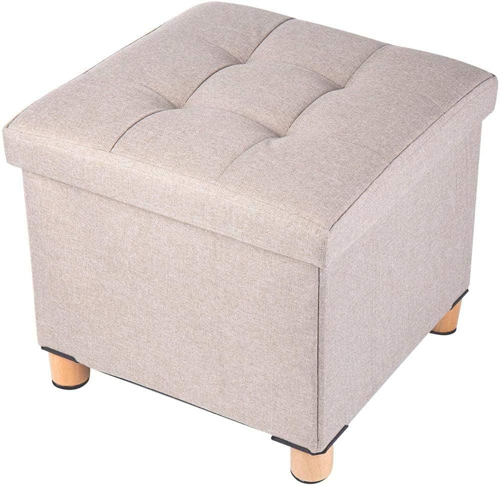 Pouf de rangement pliable beige avec pieds en bois et couvercle