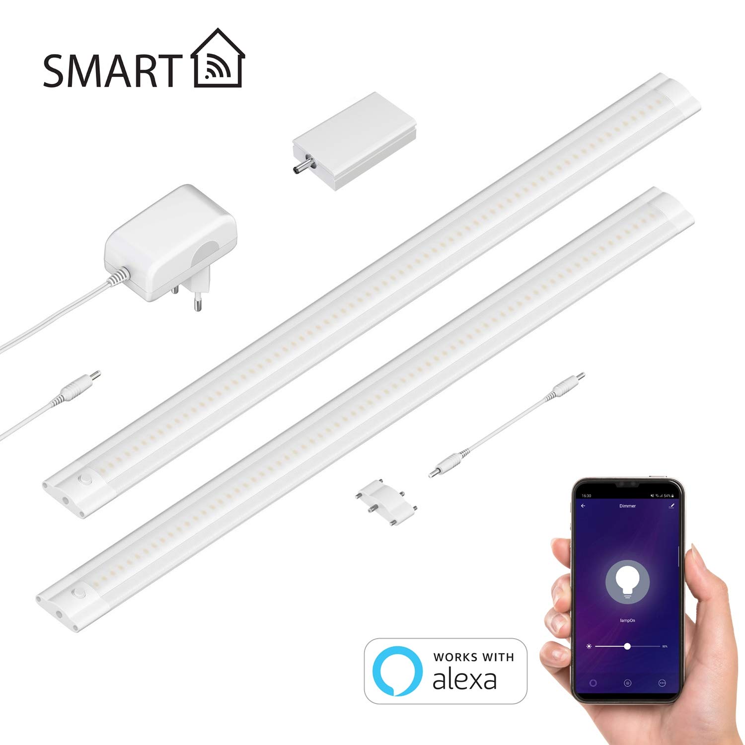 ledscom.de Smarte LED Unterbau-Leuchte SIRIS weiß matt, WLAN-Controller, flach, Smart-Home, Alexa-fähig, je 50cm, je 531lm, warmweiß, 2er Set