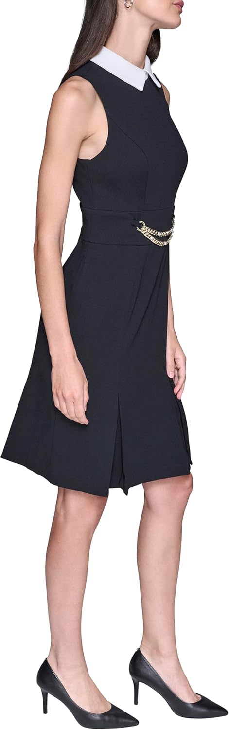 Karl Lagerfeld Women's Sleeveless Collared Chain Trim Waistband Scuba Crepe Sheath Dress - Image 4