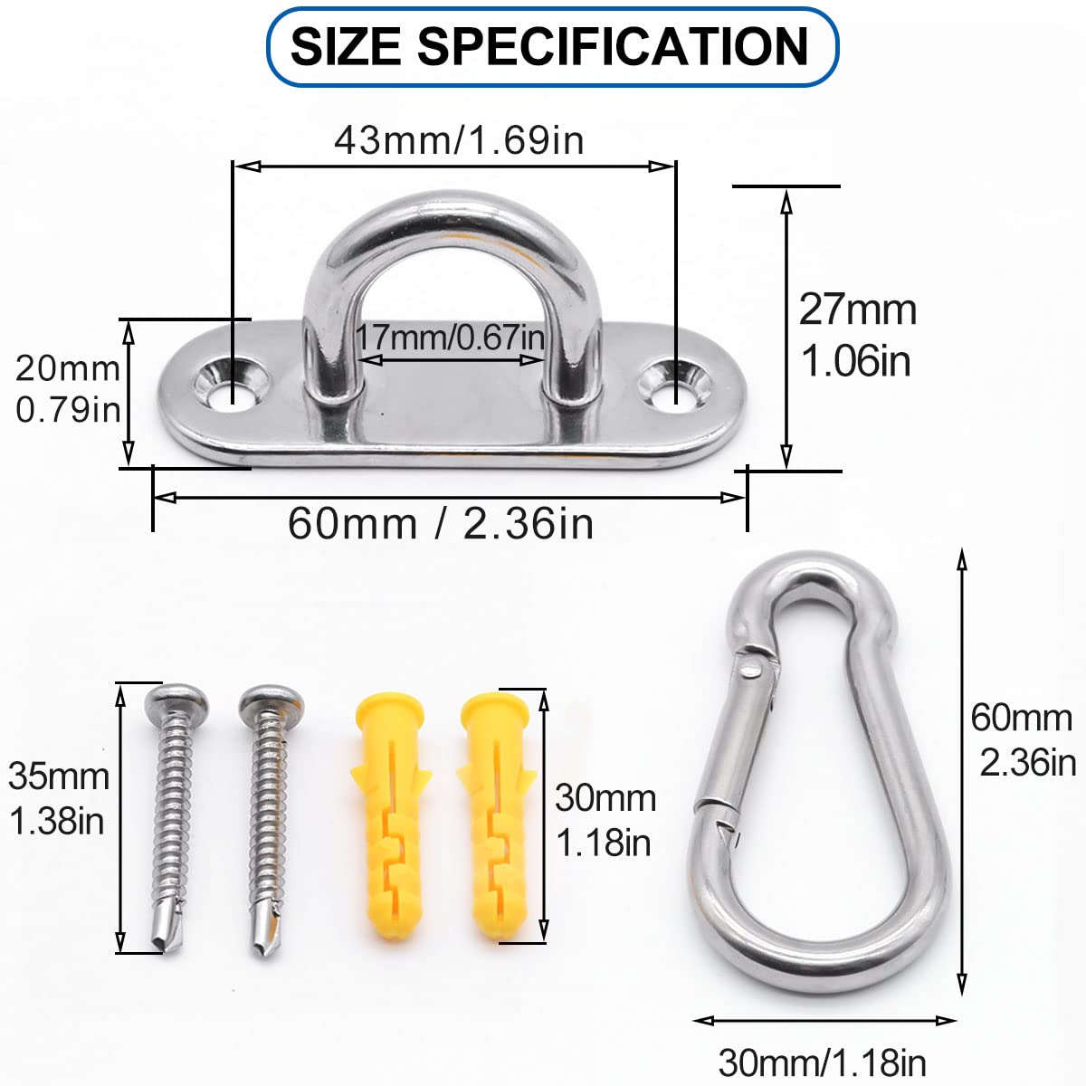 Anclaje Pared 6cm(16piezas) Ganchos de Techo, 8 Anclaje Techo y 8 Mosquetones, MgcTolBox Kit de Montaje para Toldo para Sillon Colgante, Saco Boxeo, Parking Perros Pared