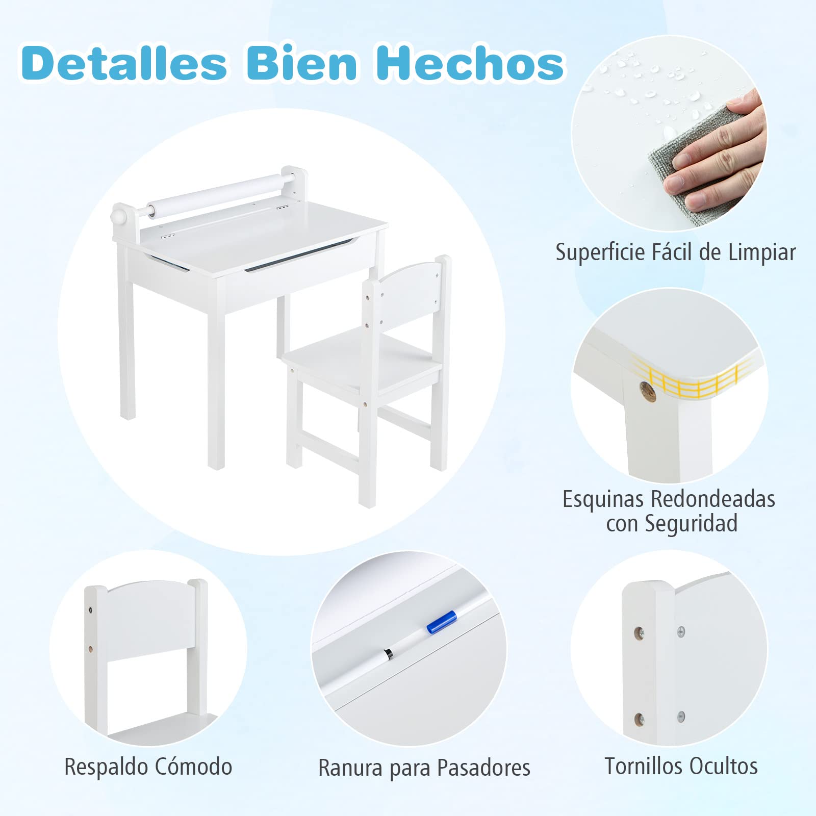 COSTWAY Juego de Mesa y Silla Infantil de Madera, Mesa de Actividades para Niños con Silla, Escritorio Infantil con Soporte para Rollo de Papel para Dibujar, Estudiar y Jugar (Blanco)