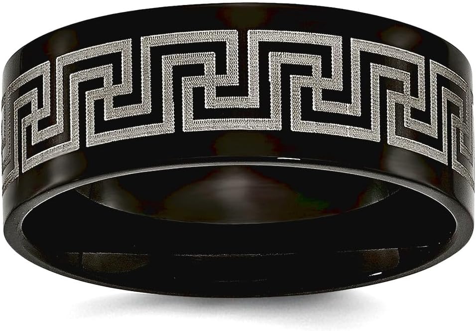 Black Titanium Greek Key Laser Etched Brushed and Polished Band Ring-Ring for Women and Men in Variety of Sizes