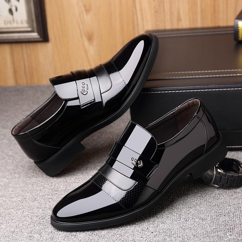Shoes Dress Oxford for Men Slip On Round Cap Toe Patent Leather PU Leather Non Slip Block Heel Rubber Sole Low Top Anti-Slip Walking2