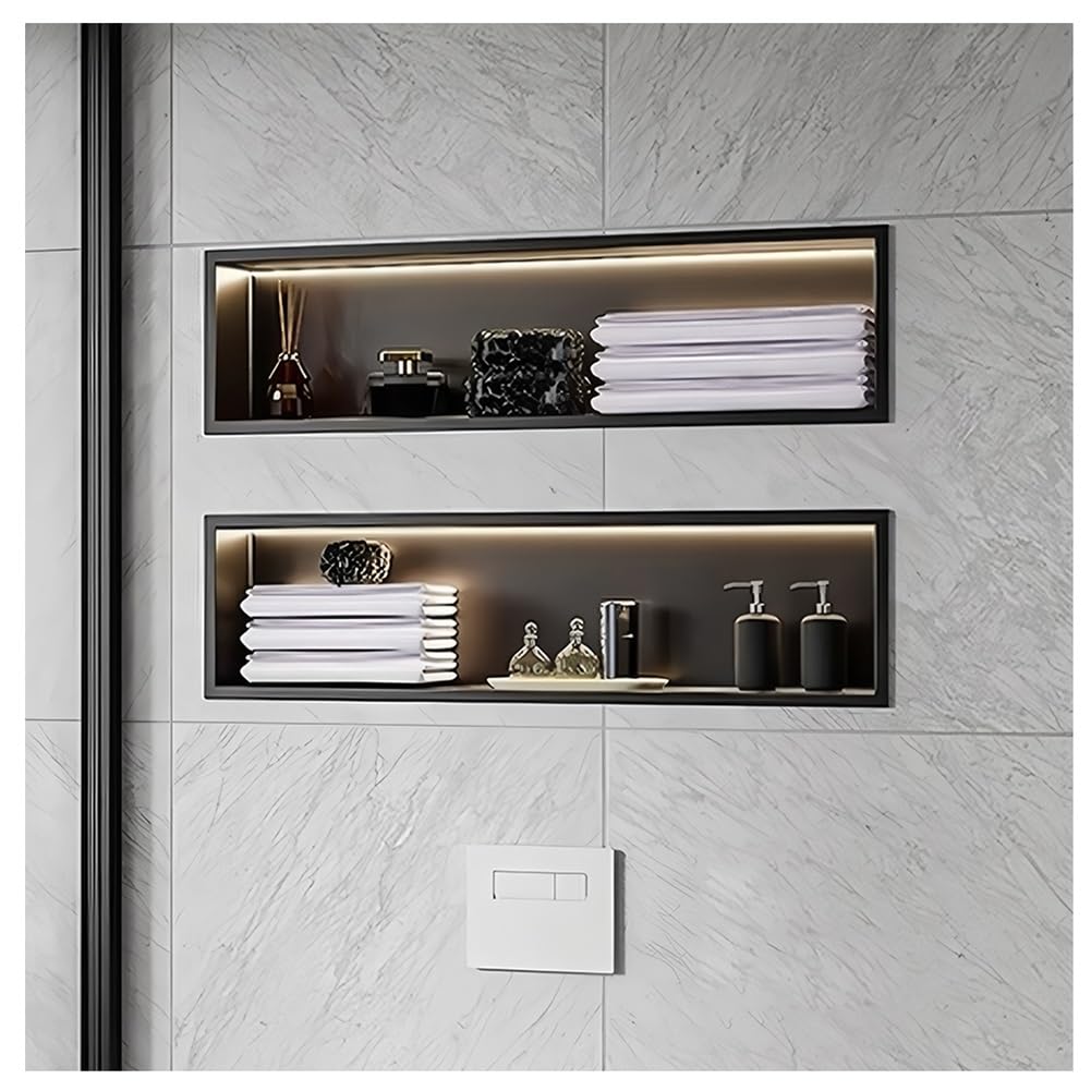 Zfmnoyev 1pcs Stainless Steel Shower Niche, Waterproof Recessed Wall Shelf, No Tile Needed Wall Niche with LED Light, Horizontal Niche for Bathroom Storage(Black,720x320x125mm)