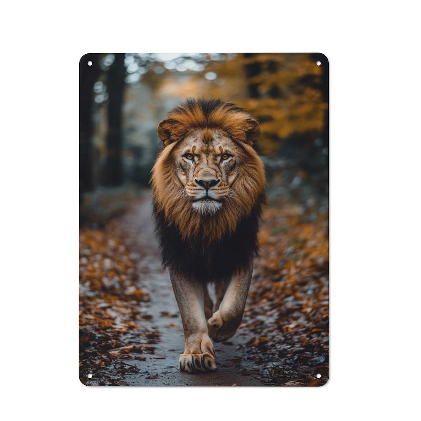 Majestic Lion Walking Through Autumn Forest Printed Metal Sign 40x30cm for Lounge Or Reading Corner, A Winter Wall Decor Update for Reading Corner Decorators