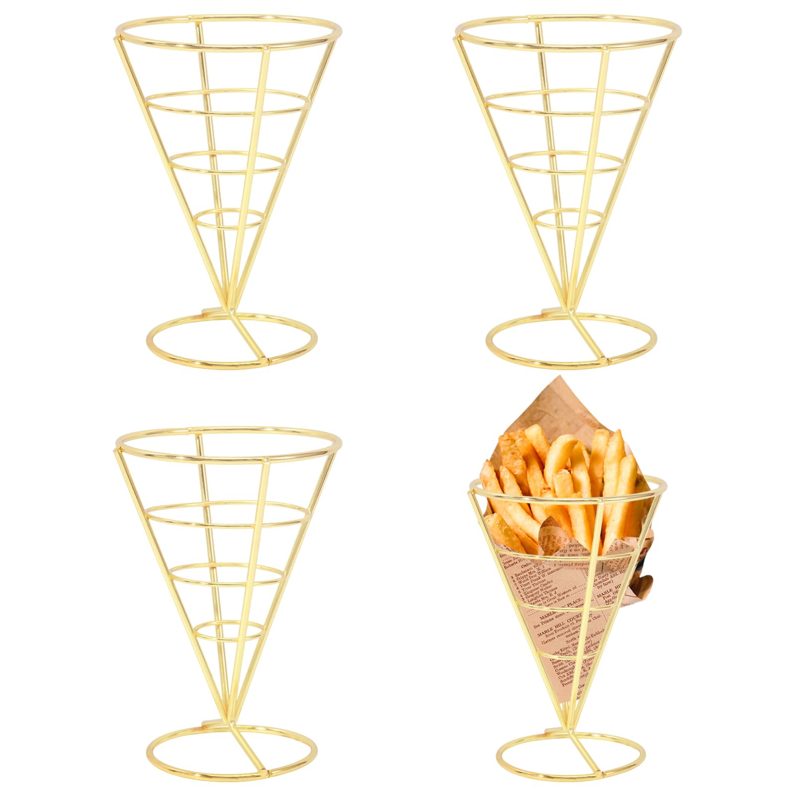 CHGCRAFT 4Pz Supporto per patatine fritte Cestino a cono porta patatine fritte Portacono in ferro Cestino per snack riutilizzabile per il ristorante della cucina del partito, Oro, 148×101×132mm