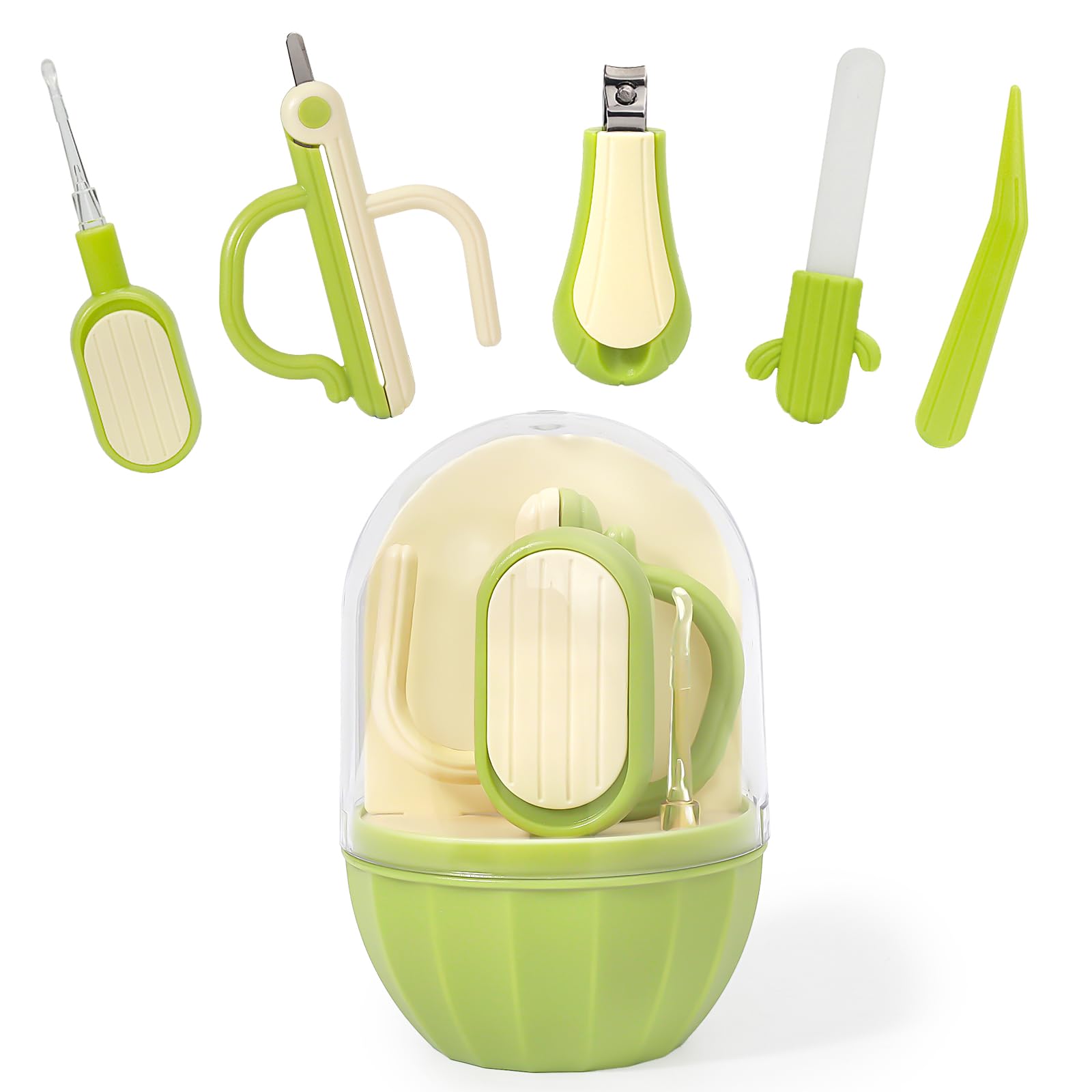Soltdsp 5-in-1 Baby Nail Kit with Storage Case, Cactus Theme Design Including Baby Nail Clippers, Nail Scissors, Nail File, Tweezers & Nose Picker, Newborn Essentials Must Haves for Baby Shower(Green)