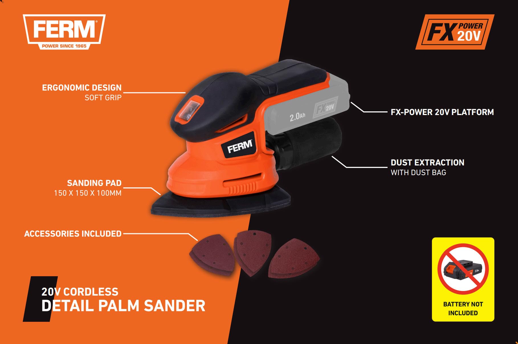 FERM Levigatrice Palmare a Batteria 20V AX-POWER – Levigatrice Delta Senza Fili, 10.000 giri/min, Aspirazione Polvere, Soft Grip (Batteria e Caricatore NON Inclusi)