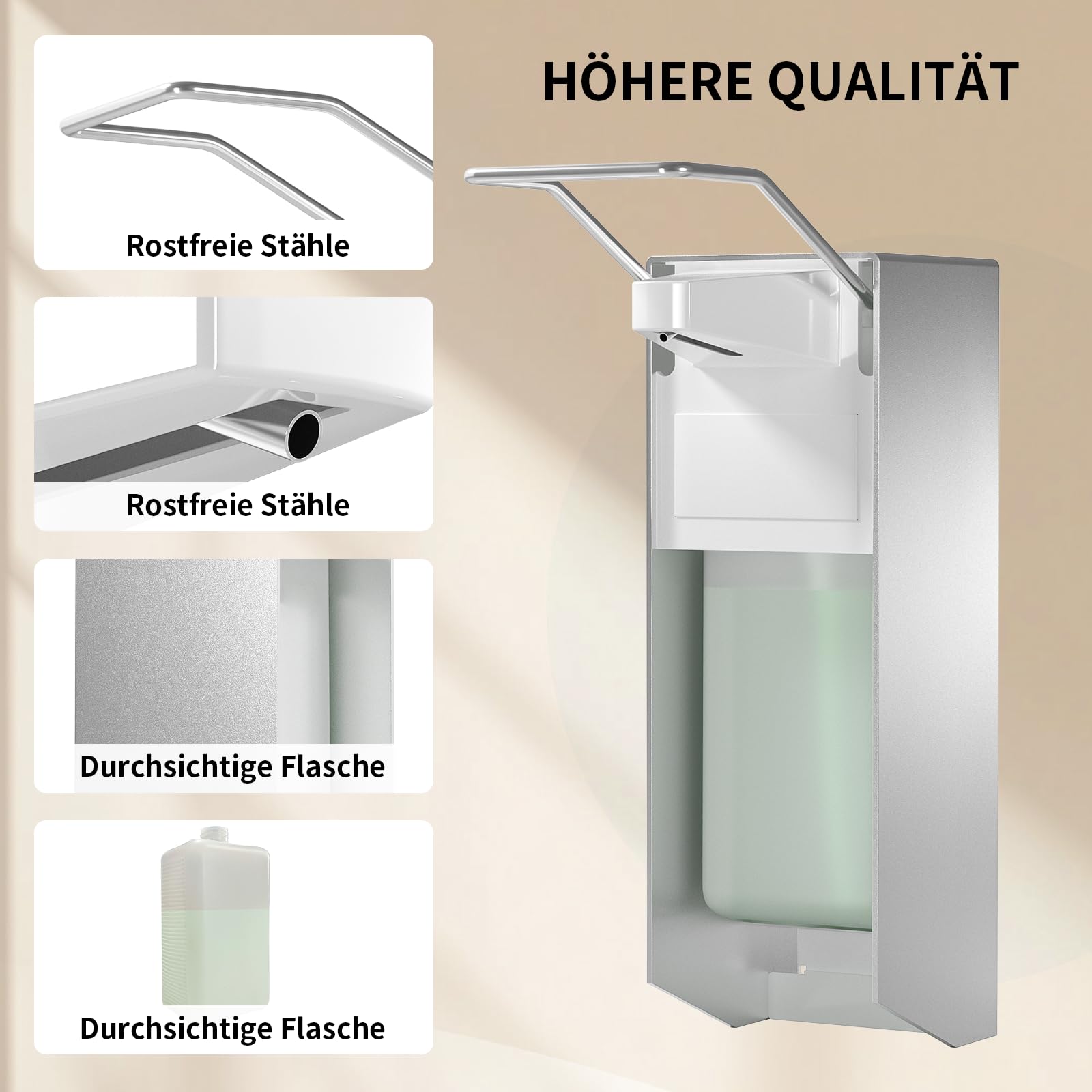 Eurospender,Seifenspender,1000Ml,2er Set,Aluminium,Weiß | Seifenspender Wandbefestigung, Soap Dispenser Mit Ellbogendruck Für Desinfektionsmittel Und Handseifen, Weißer Seifenspender