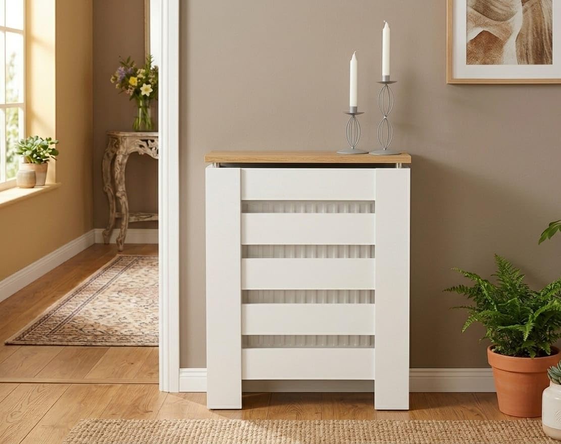 D&J Muebles Kit Cubre Radiador Blanco y Roble 60cm Moderno Hércules | Mueble Decorativo con Listones | Fácil Montaje (60cm, 90cm, 120cm) | 60x83,5x19,5