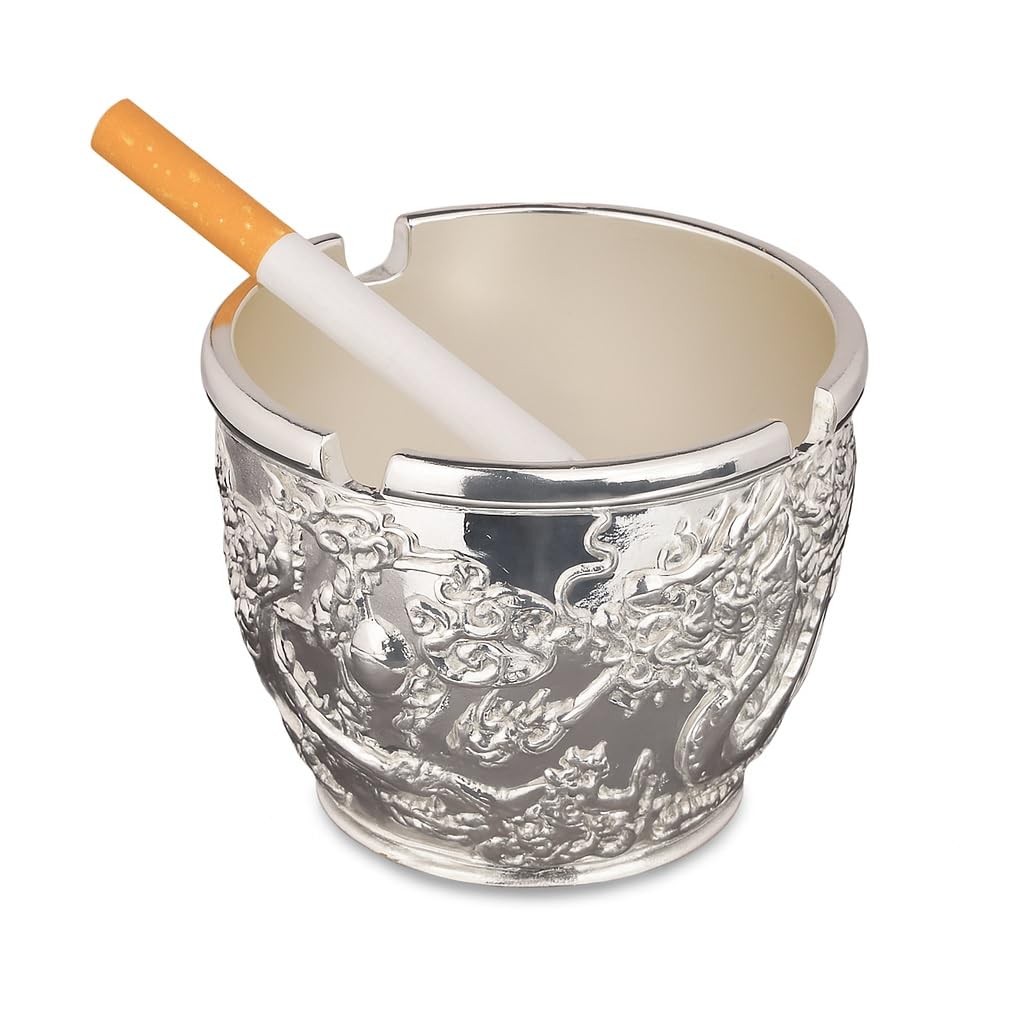 Seven Moon Vintage Decorative Windproof Ashtray for Cigarettes Portable Cigarette Ashtray for Indoor Outdoor Hotel Bar Cafeteria Hand Carved Smoking Accessories Fancy Gift for Men Women (Silver)-image-30