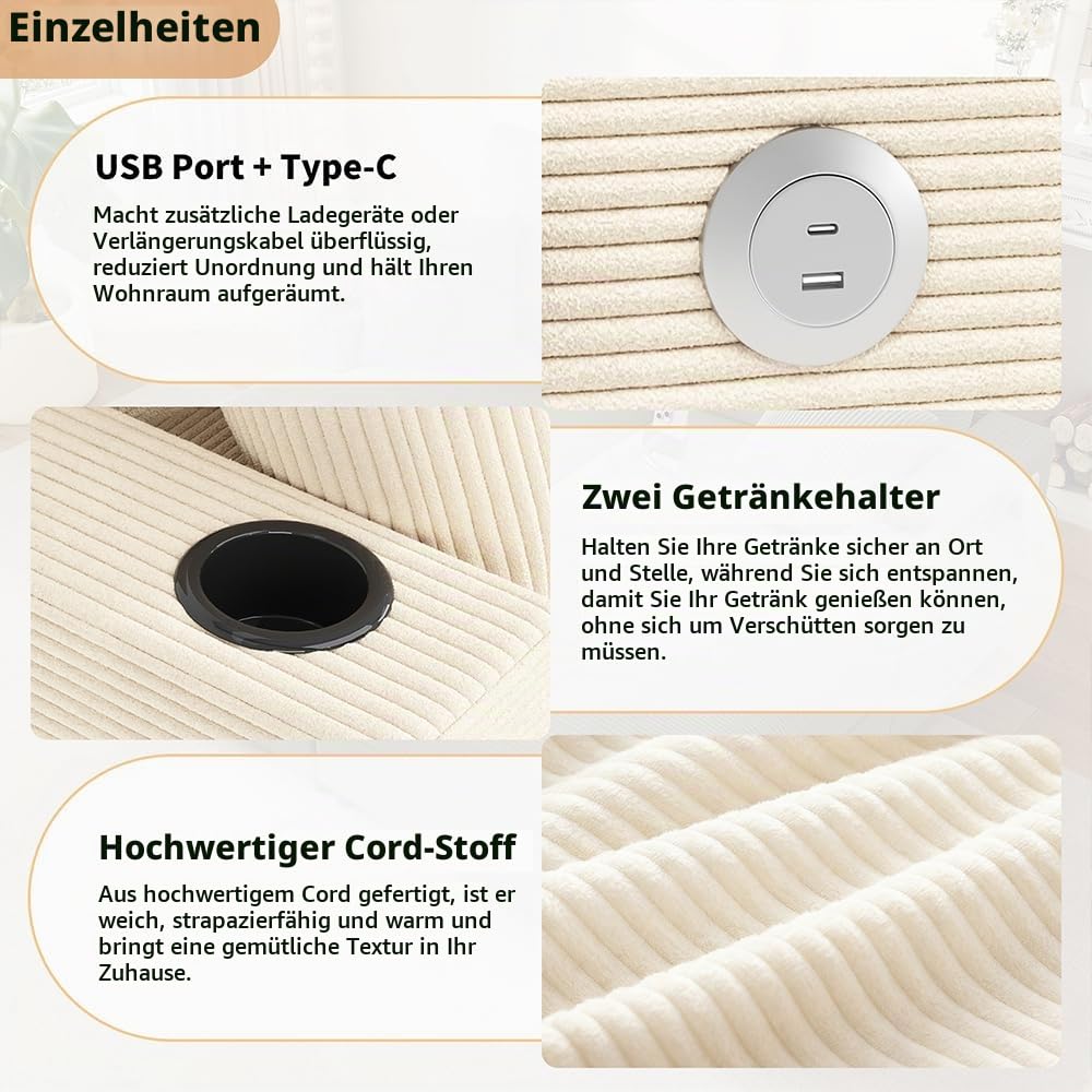 Bladez Doppelschlafsofa mit Schlaffunktion, Cord Sofa mit gepolsterter Liegefläche, Handyhalterung, USB- & USB-C-Anschluss, Getränkehalter, 2-Sitzer Couch für Wohnzimmer & Schlafzimmer (beige)