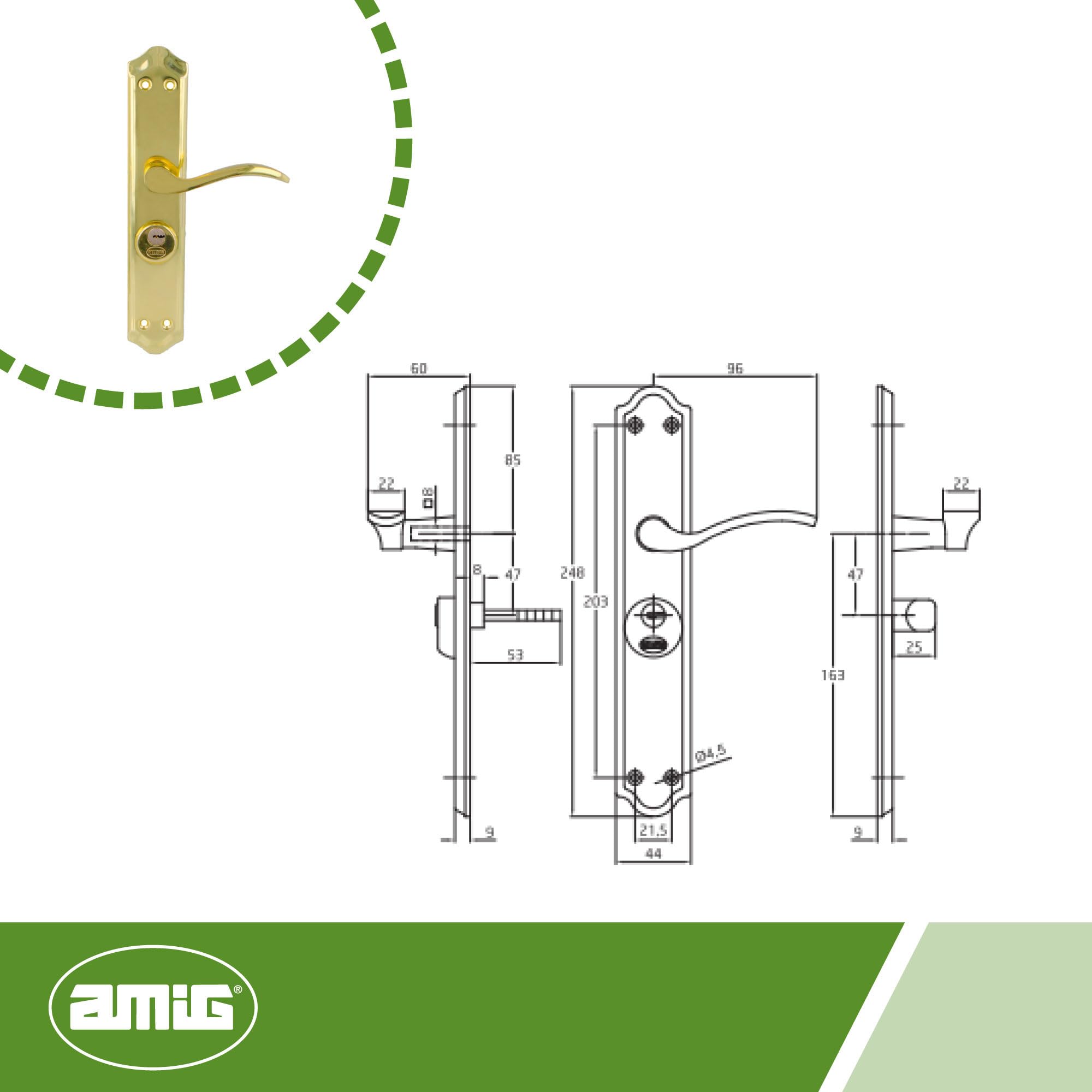 Amig, Right Door Handle Mod. ALFA with Lever Mod. 46, Brass Plated Steel, 255 x 48 mm, 8 mm Spindle, Incl. 2 Keys - Image 2
